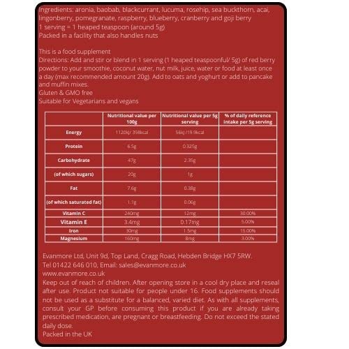 Red Berry Superfood Powder Blend - Evanmore Super Complete Reds Mix Vegan & Vegetarian Friendly Smoothie Juice Health Vitality Booster Supplement - 150g / 30 Servings - Natural Gluten Free Megablend