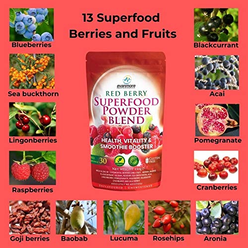 Red Berry Superfood Powder Blend - Evanmore Super Complete Reds Mix Vegan & Vegetarian Friendly Smoothie Juice Health Vitality Booster Supplement - 150g / 30 Servings - Natural Gluten Free Megablend