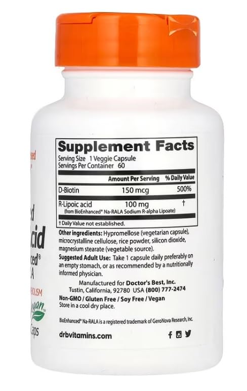 DoctorsBEST Doctor's Best - Stabilised R-Lipoic Acid (BioEnhanced Na-RALA) | Support for Energy Balance and Cellular Health - 60 Capsules