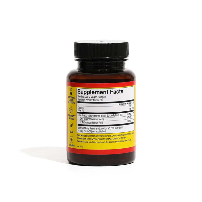 [Australia] - Bragg Vegan Omega 3 Supplement – Sustainably Sourced Marine Algae – Helps Support Brain, Eye & Heart Health - includes EPA & DHA Fatty Acids – Non-GMO - 60 Softgels 
