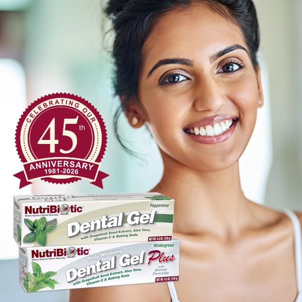 NutriBiotic Dental Gel, Golden Peppermint with GSE & Aloe - 4.5 oz | Fluoride Free, Vegan, Grapefruit Seed Extract, Vitamin C Enriched, Baking Soda Blend, Whole Family Use, Non Abrasive Formula