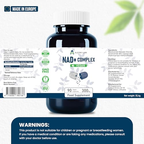 NAD+ Precursor Complex | 300 mg per Capsule | Nicotinamide Riboside 150 mg + Vitamin B3 150 mg | 1-a-Day Formula | 90 Vegan Capsules | EU Made & Lab Tested
