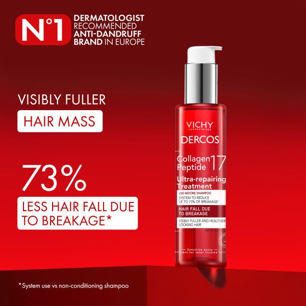 Vichy Dercos Ultra-Repairing Bond Repair Hair Treatment, Strengthens, 150ml | Using Collagen Peptide 17, this pre-shampoo treatment helps reduce hair fall and breakage, preps & protects damaged hair.