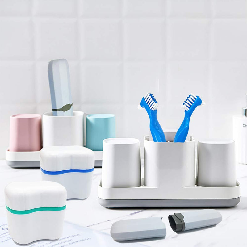 [Australia] - Denture Case Kit - 2 Bath Cups, 2 Brushes & 2 Portable Toothbrush Boxes, Retainer Bath With Lid, Cleaning Boxes, Travel Toothbrush Kit Blue & Light Green 