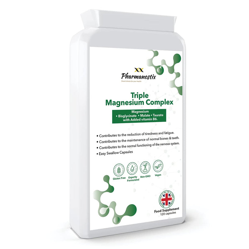 Triple Magnesium Complex 120 Vegan Capules - Malate, Bisglycinate & Taurate, Providing 375mg Elemental Magnesium Per Daily Serving - with Added Vitamin B6 by Pharmanostix