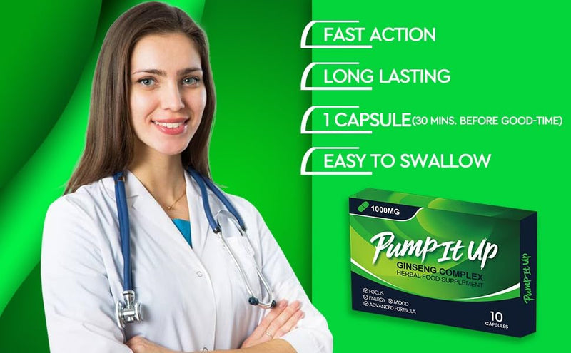 PUMP IT UP Green 1000mg | Stronger | Longer | Harder | Performance | Extra Strength Enhancing Pills, Stamina Endurance Booster Supplement Pills for Men | 10 Ginseng LIBIDO Booster Capsules