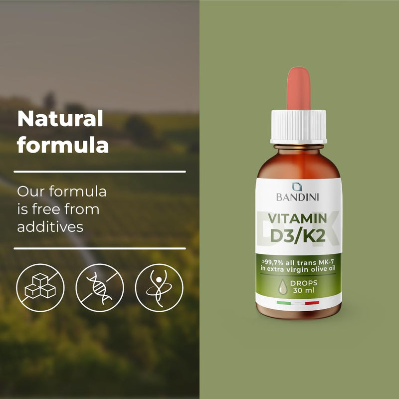 Bandini® Vitamin D3 K2 Drops, Extra Virgin Olive Oil EVO, Cholecalciferol 1000 IU per Drop + VIT K 2 MK-7 Menaquinone Kappa 99.7% 100 mcg per Drop, Vitamin D Drops, D3 and K2, 100% Vegan