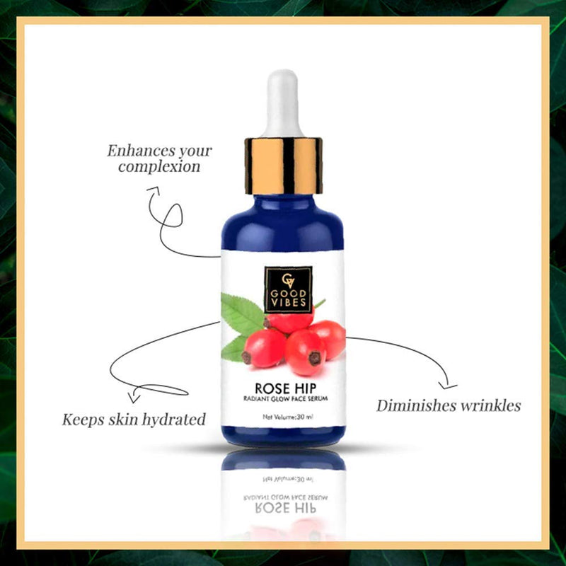 Good Vibes Rosehip Face Serum | Radiant Glow Formula for Clear, Smooth Skin | Hydrating Anti-Aging Facial Serum with Vitamin A & C | No Parabens, No Sulphates | All Skin Types | 1.01 Fl Oz (30ml) 1.01 Fl Oz (Pack of 1)