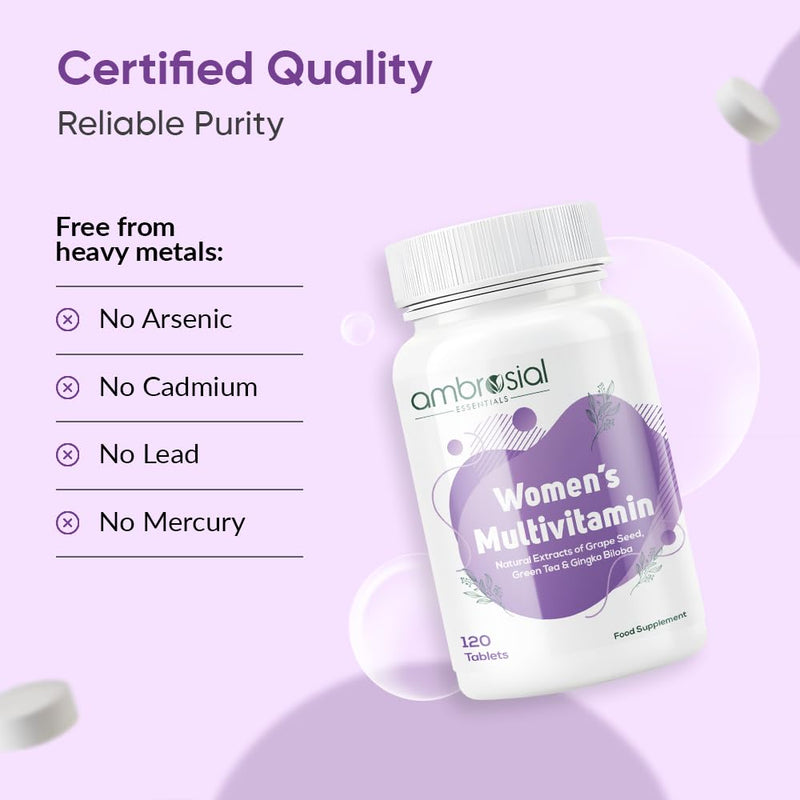 Ambrosial Women’s Multivitamin Tablets – 20+ Essential Vitamins, Minerals & Botanicals – Grape Seed, Green Tea, Ginkgo & Ginseng – Daily Energy, Balance, Vitality & Wellness – 120 Tablets (4 Months)