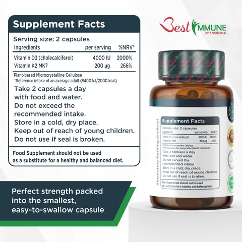 Best Immune Natural Vitamin D3 2000IU K2 MK7 100mcg Premium Quality 100 Capsules Immune Support Perfect Proportions Maximum Absorption