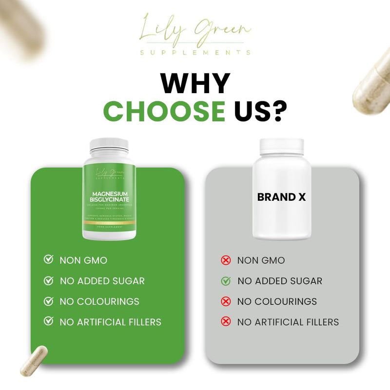 Lily Green Magnesium Bisglycinate Capsules | 1250mg Per Serving of Bioactive Glycinate | Magnesium Supplements for Sleep, Calmness, Psychological & Muscle Function | 90 Capsules | Made in UK