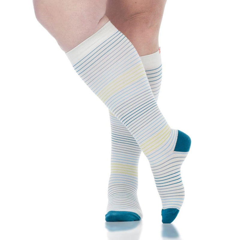 VIM & VIGR Cotton 15-20 mmHg Graduated Compression Socks (Blues & Lime Pinstripe, Medium/Large (2)) Blues & Lime Pinstripe 2