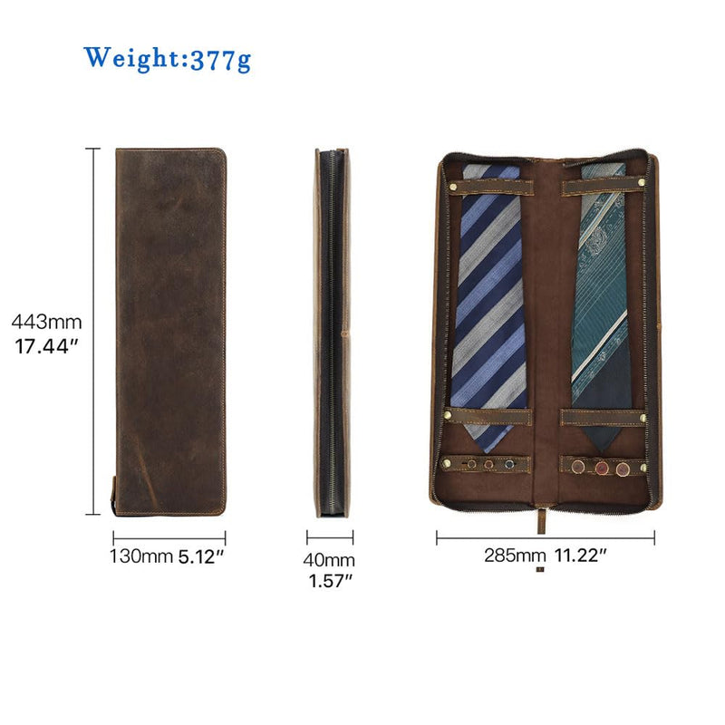 CONTACTS Ties Travel Case Leather Neckties Storage Box Formal Dress Accessories Anti Wrinkle Organizer for 2 Ties with Cufflinks Holder