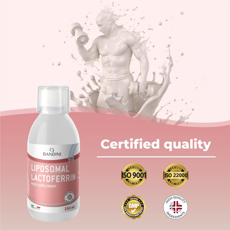 Bandini® Liposomal Lactoferrin Liquid | High Strenght, High Bioavailability & Absorption | for Iron Absorption & Immune Function | A Component in Colostrum | No Additives, Laboratory Tested | 250ml