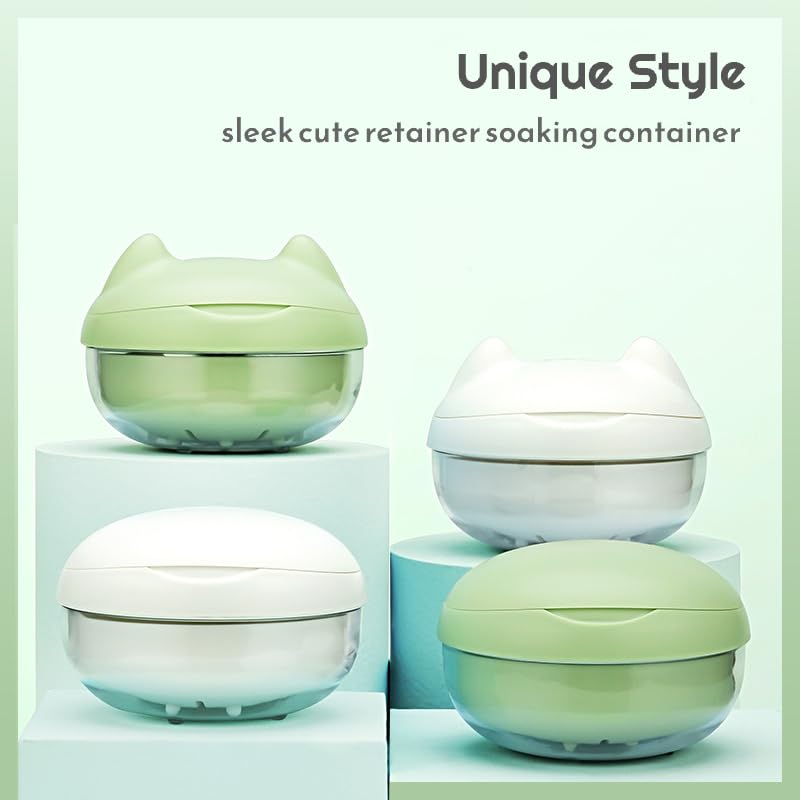 Cute Retainer Case with Mirror & Removal Tool, Compact Partial Denture Bath Cup with Strainer, Screw Top Leakproof Soaking Container for Aligners, Mouth Guards, Night Guards (Green) Green
