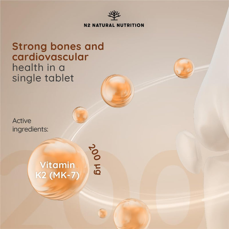 Natural Vitamin K2 Mk7 Capsules, High Concentration 200µg. for Hear, Brain and Bones. 120 Vegetable Capsules. UK Vegan Certified. N2 Natural Nutrition