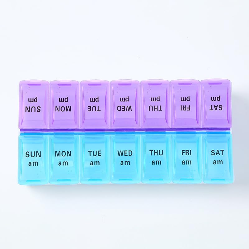 Weekly Pill Organizer 2 Times a Day, 14 Grid AM/PM Pill Box in Blue and Purple, Daily Medication Container and Travel Case for Vitamins, Tablets, Supplements