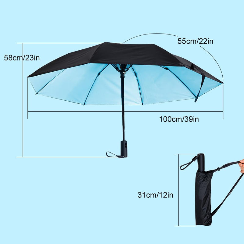 WOOLALA Newly UV Sun Umbrella with Fan, Portable Cooling UPF 50+ Foldable | USB Rechargeable Travel Umbrellas for Watching Games, Playground, Heatstroke, Hot or Rain Days in Black