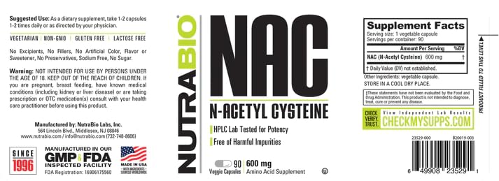 [Australia] - NutraBio N-Acetyl Cysteine Supplement (NAC) - 90 Capsules, 600mg Each - Powerful Anti-Oxidant - Immune Support - Boost Glutathione 