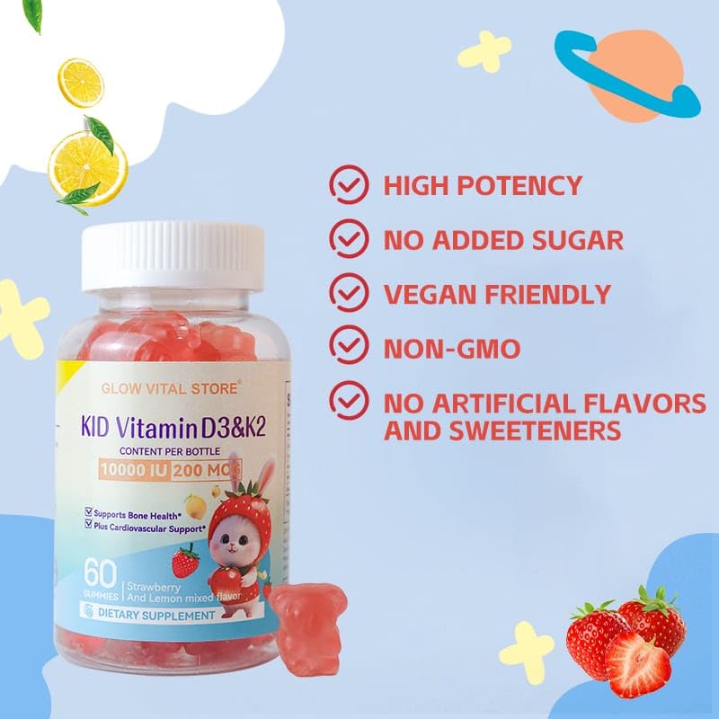 Kids Vitamin D3 + K2 Gummies – 10000 IU D3 & 200 mcg K2 – Bone, Teeth & Heart Support – Strawberry & Lemon – Vegan, Non-GMO, Allergen-Free – 60 Chewables by Glow Vital Store (1) 1
