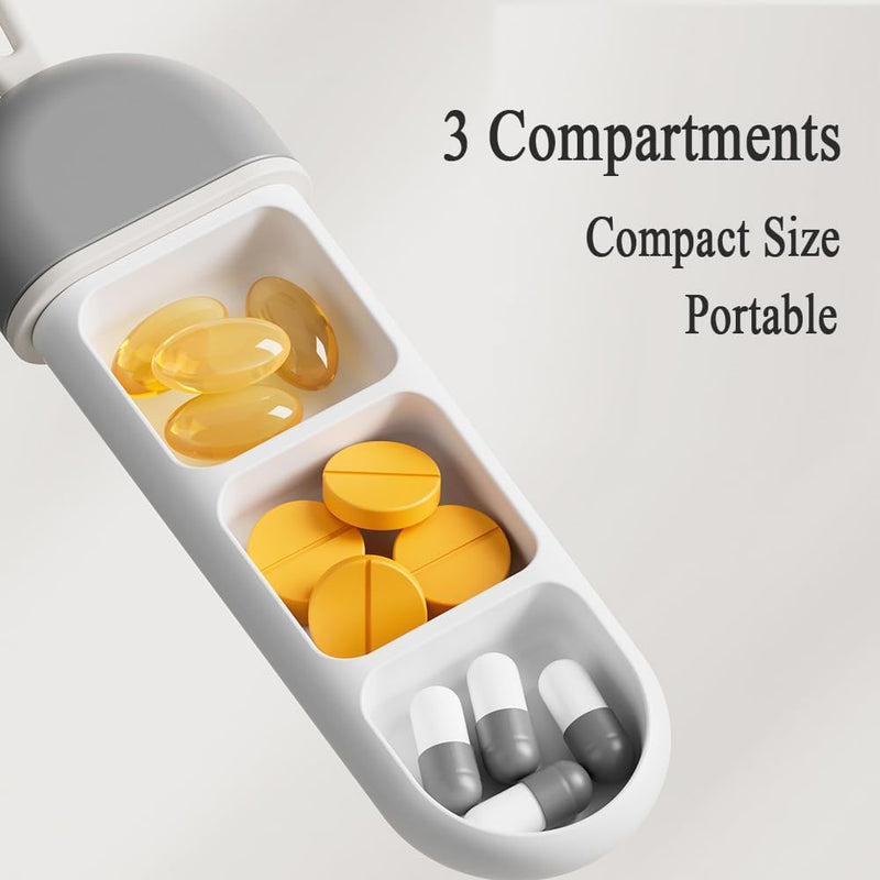 Daily Travel Pill Case, 3-Tray Medicine Planner, Vitamin Organizer | Grey Box with Holder, Small Cute Dispenser Tracker Container for Medication, Meds, Capsule, Fish Oil, Tablets, Antibiotics Lanyard-style Grey + White