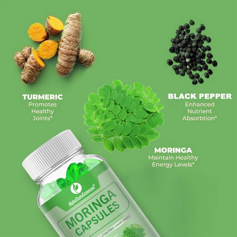 Mighty Organic Moringa: Immune Boosting Capsules with Turmeric & Pepper - 120 Softgels (2 Month Supply)