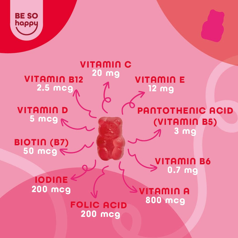 BeSoHappy® Multivitamin Gummies for Women 2 Month Supply, for Men Adults & Kids for Immune System, Tiredness and Fatigue with 10 Vitamins, A, B6, B12, C, D and E Vegan, Gluten and Lactose Free.