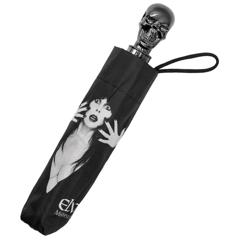 kreepsville 666 Elvira Mistress of the Dark Classic Logo Skull Handle Umbrella- Gothic Folding Compact Automatic