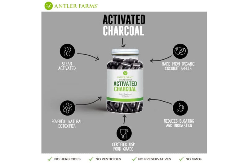 [Australia] - Antler Farms - 100% Pure Organic Coconut Activated Charcoal, 180 Capsules 260mg - Wild Harvested, Virgin Coconut Shell, USP Food Grade, Steam Activated, Ultra Fine 