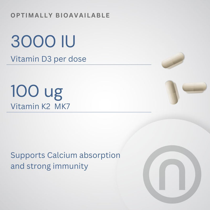 Premium Vitamin D3 3000 IU + K2 MK7 100µg | Made in the UK to GMP Standards | Superior Bone Health & Immune Support | Optimal Calcium Absorption | Vegetarian Capsules