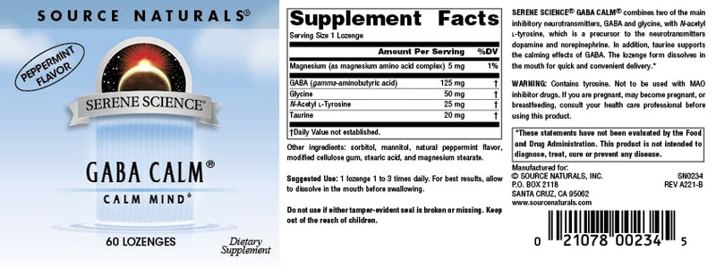 Source Naturals Serene Science, GABA Calm Mind - 60 Lozenges | Quick Dissolving Peppermint Flavor Lozenges | Supports Calm Mood 1 60 Count (Pack of 1)