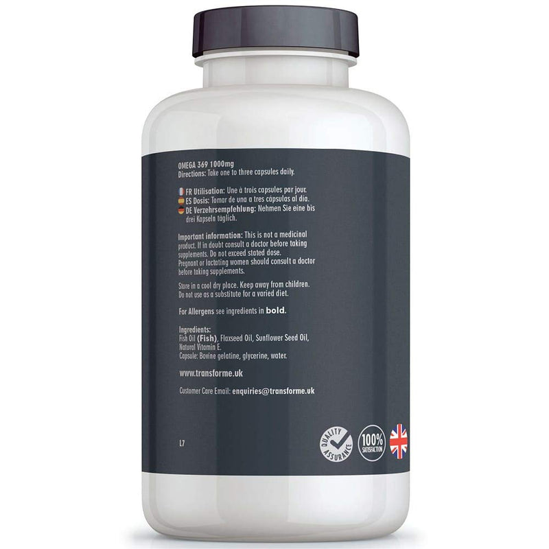 Omega 3 6 9 Fish Oil 1000mg 180 Capsules, Fish, Flaxseed & Sunflower Seed Oils, EPA, DHA, ALA, LA, Oleic Acid, Gluten Free, by Transforme