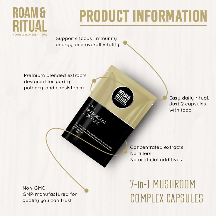 Mushroom Complex Capsules 11,700mg per Serving - Lion’s Mane, Reishi, Cordyceps, Chaga, Shiitake, Maitake & Tremella for Focus, Immunity & Defence | 90 Capsules UK Made by Roam & Ritual™