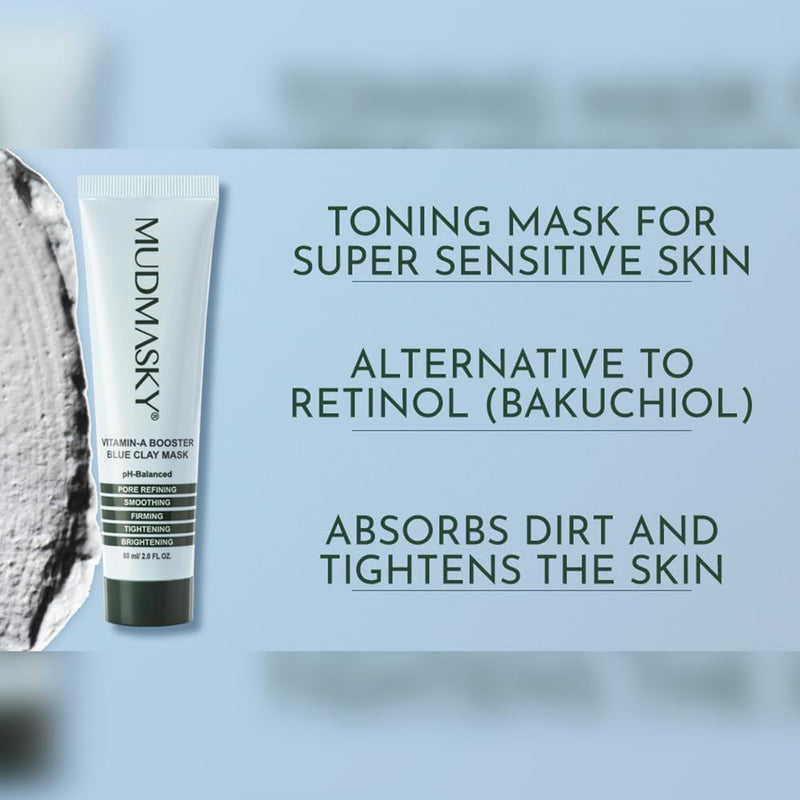 MUDMASKY Vitamin-A Booster Blue Clay Mask 60ml / 2.0FL - Natural Retinol Alternative with Bakuchiol, Skin Care for Pore Refinement, Tightening & Brightening - Fragrance-Free Beauty Face Mask