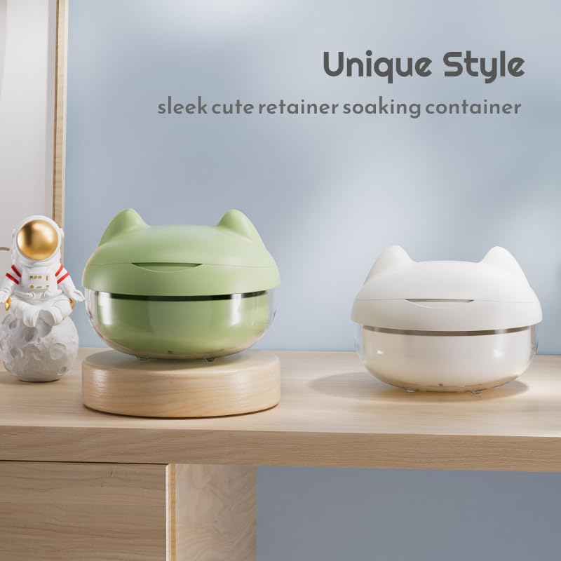 Cute Retainer Case with Removal Tool and Mirror, Compact Bath Cup with Strainer Tray for Partial Denture, Leakproof Soaking Container for Aligners, Mouth Guards, Night Guards, Veneers (Green Cat) Green Cat
