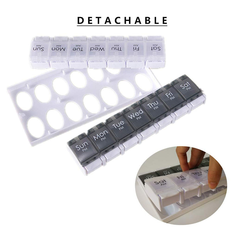 Pill Box Organiser 7-Day Weekly for AM PM Day Night Twice a Day, Pill Case with 14 Compartments for Vitamin Capsule Supplements Press Open Black-White (2time1day-blk)