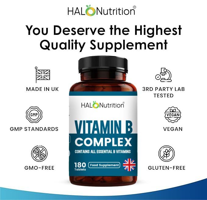 Vitamin B Complex -Vitamin B Complex High Strength -180 Tablets Blend of 8 B Vitamins & Vitamin C - One A Day - Folic Acid, B1, B2,B3,B5,B6,Vitamin B12 Halo Nutrition