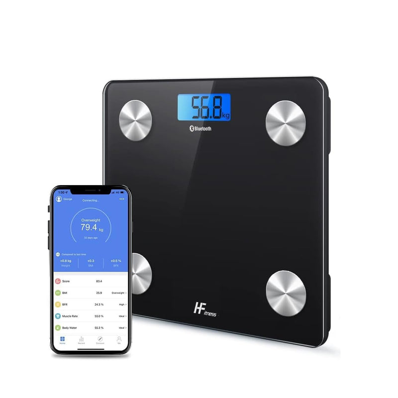 [Australia] - HF body fat scales 28x28cm 19x BODY DATA iOS and Android app Intelligent digital personal scales scales people body scales body weight meter BMI Bluetooth black with blue backlight 