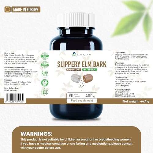 Slippery Elm | 8,000mg Equivalent | 400mg 20:1 Extract | 90 Vegan Capsules | Ulmus rubra | GMP & 3rd Party Lab Tested