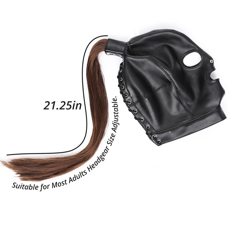 [Australia] - PU Leather Bondage Mask Hood SM Sex Toy with Removable Wig, Unisex Adult Eyes Mouth Open Black Restraint Headgear Mask Hood Breathable Blindfold Face Cover Blindfold Cosplay 