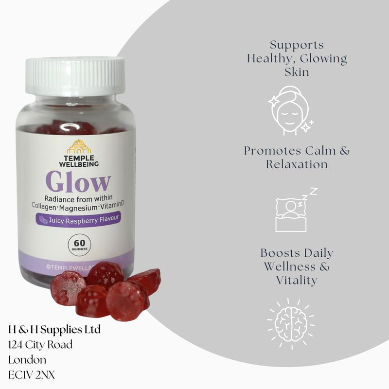 Glow Collagen Gummies | High-Strength Type 1 Hydrolysed Collagen with Magnesium & Vitamin D | Skin, Hair & Nail Support | Delicious Juicy Raspberry Flavour | 60 Chewable Gummies