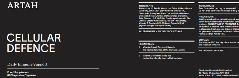 ARTAH Cellular Defence Supplement - Containing Vitamin A, Vitamin C, Zinc, and Selenium, alongside Quercetin, Astragalus, Reishi and Beta Glucans - Immunity Boosting Vitamins