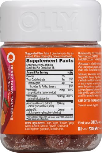 OLLY Laser Focus Gummy, Ginseng, Alpha GPC, B Vitamins, Berry Tangerine Flavor - 36 Count (Pack of 2) 36 Count (Pack of 2)