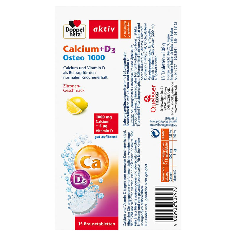[Australia] - Doppelherz Calcium + D3 Osteo 1000 – With calcium and vitamin D as a contribution to normal bone maintenance – 15 effervescent tablets 