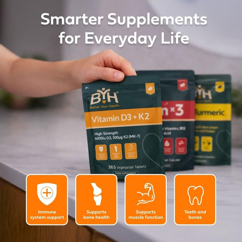 Vitamin D3 4000 IU + Vitamin K2 MK7 100μg High Strength Bone Health Immune Support Small Easy Swallow Tablets 365 Tablets Vegetarian 1 Year Supply UK Made Letterbox Friendly