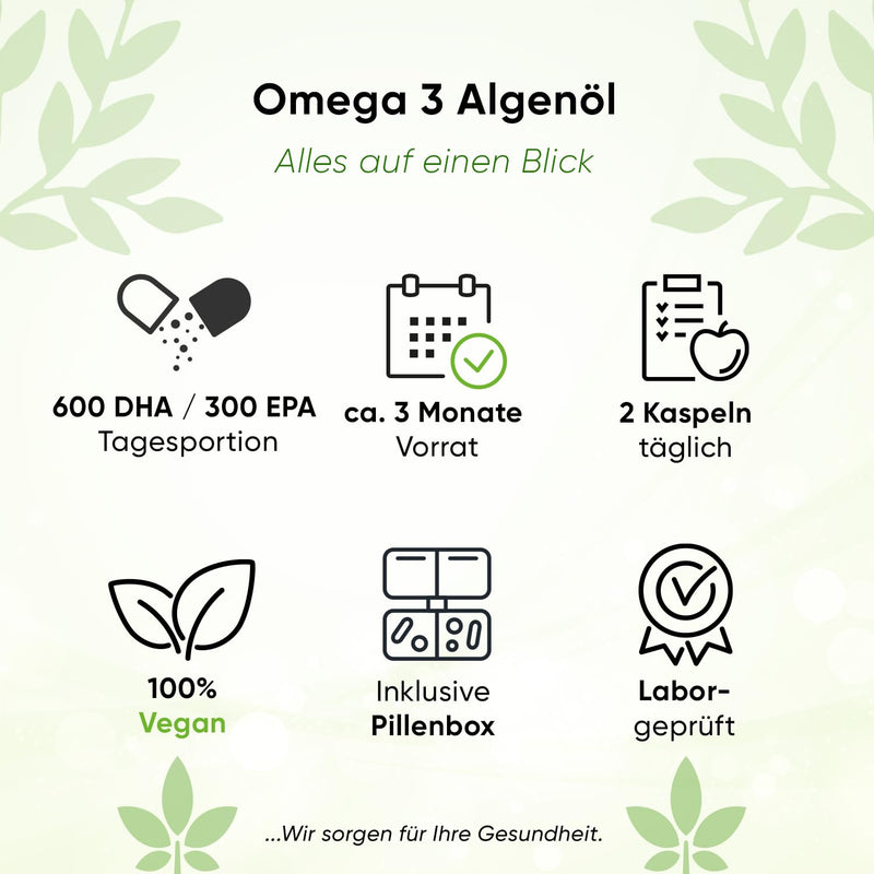 [Australia] - Omega 3 Vegan from Algae Oil 140 Softgel Capsules | 600 DHA & 300 EPA+ Vitamin E | approx. 3 months supply, including pill box | laboratory tested | high bioavailability 140 pieces (pack of 1) 