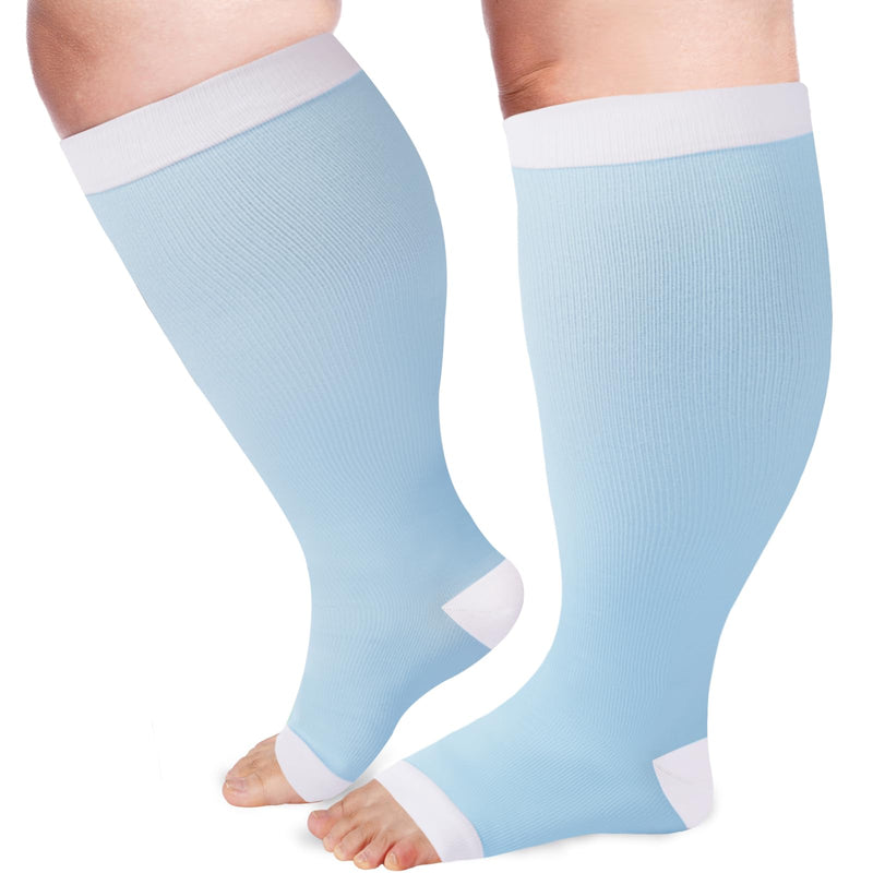 [Australia] - Open Toe Plus Size Compression Socks for Women & Men 15-20 mmhg Toeless Wide Calf Compression Support Knee High Socks Baby Blue 3X-Large-4X-Large 