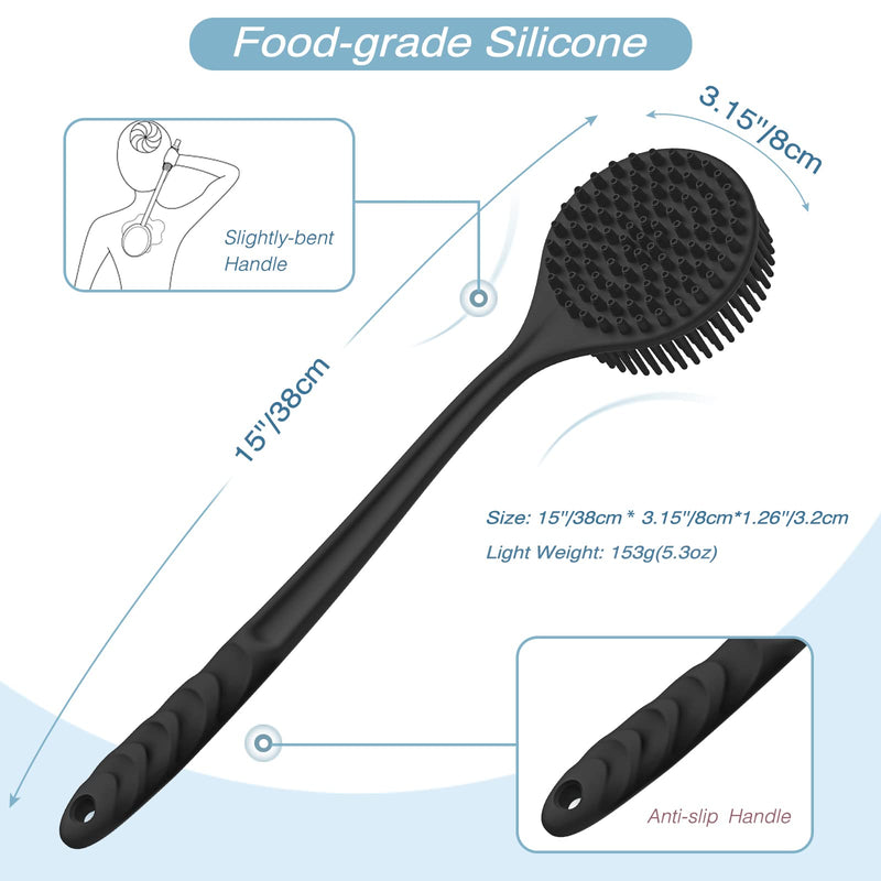 [Australia] - Silicone Back Scrubber(Thick Bristles) & Soft Bath Glove Set, Super-Exfoliating Body Scrubber & Super-Lathering Shower Brush Combination, with a Free Hook.(Black) Thick Bristles Set Black 