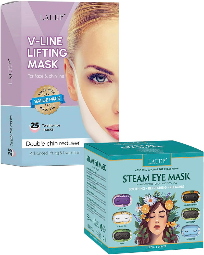 V Shaped Contouring Collagen Lifting Face 25 Masks Line Shaping Lifting Belt Neck Reduction Jawline Lift Tape Enhancer Face Patch Chin Up Sculpting and Heated Eye Steam 6 Mask for Dry Eyes 6 Aroma