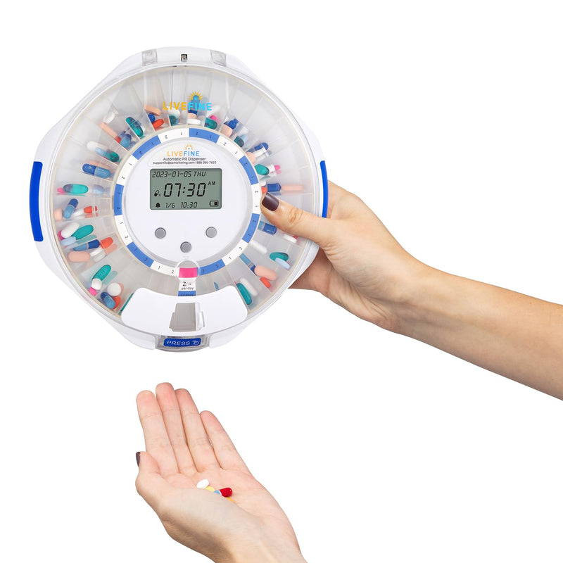 LiveFine Automatic Pill Dispenser with 28-Day Electronic Medication Organizer, 6 Dosage Rings, LCD Display with Sound & Light Alerts, Key & Magnifying Glass for Prescriptions, Vitamins & Supplements Clear Lid